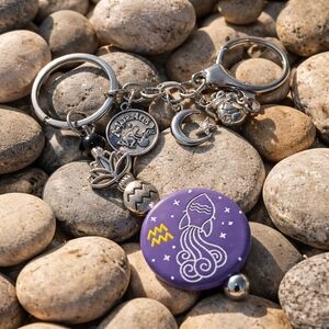 Aquarius Zodiac Keychain Bag Charm Lotus Moon With Star Unisex Water